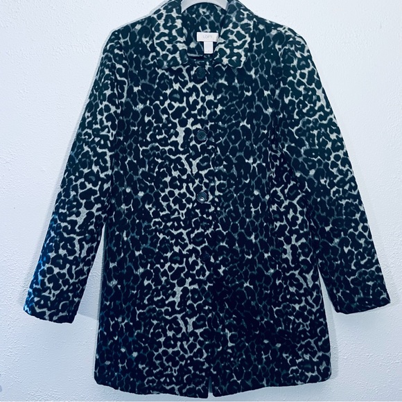 Ann Taylor Loft Coat Black Blue Leopard Cheetah Print Button Lined M - Picture 1 of 7